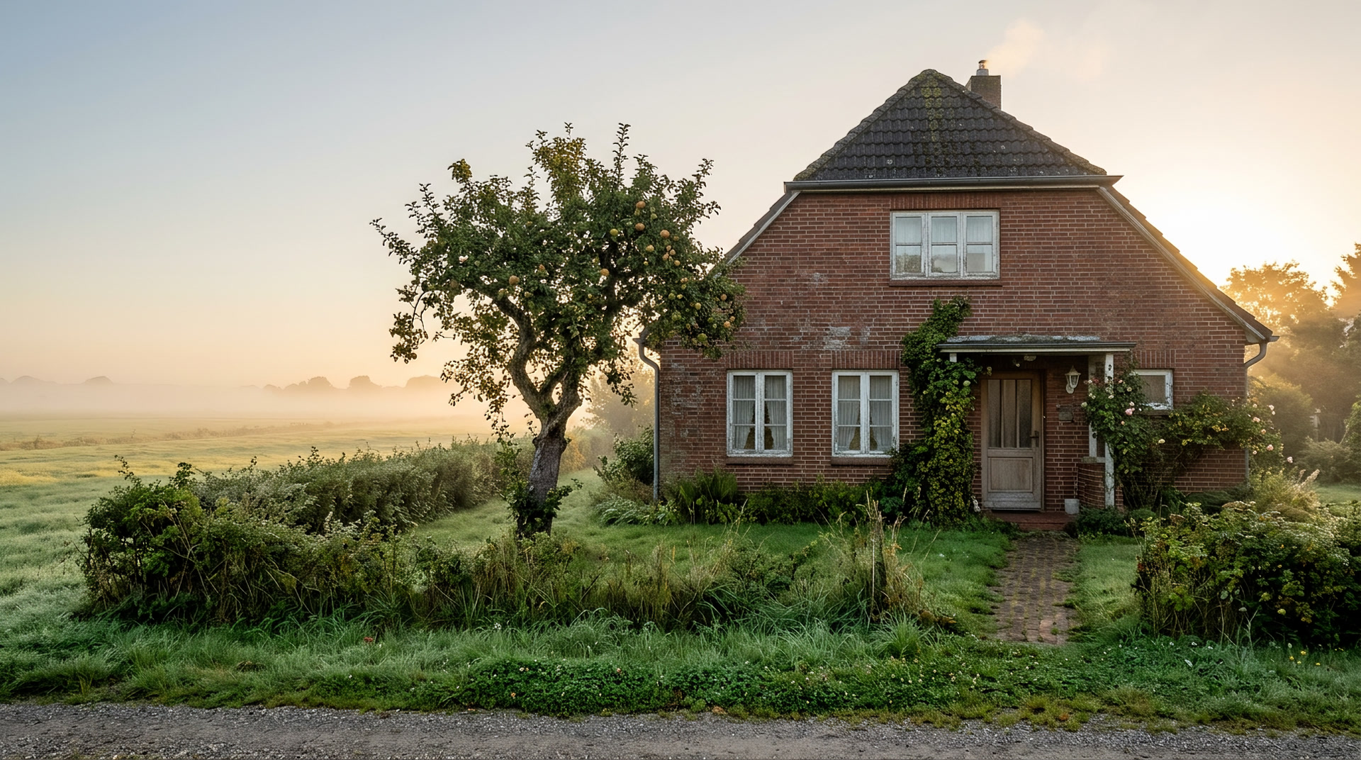Einfamilienhaus aus Backstein mit Apfelbaum im Morgennebel